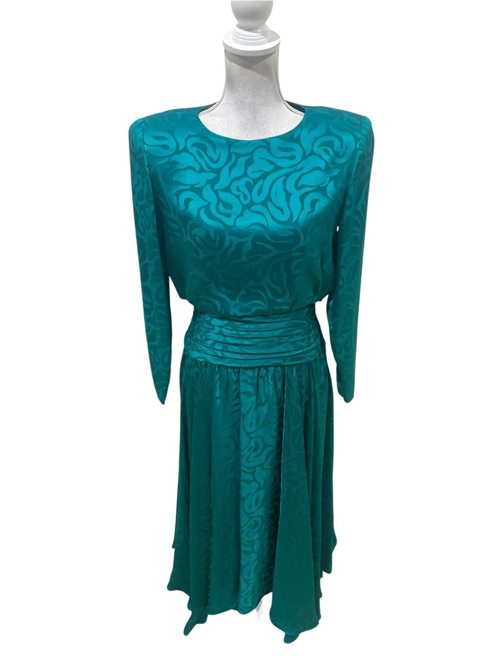 Vintage 90’s AJ Bari Teal Long-Sleeve silk Dress Ruched Waist size 8